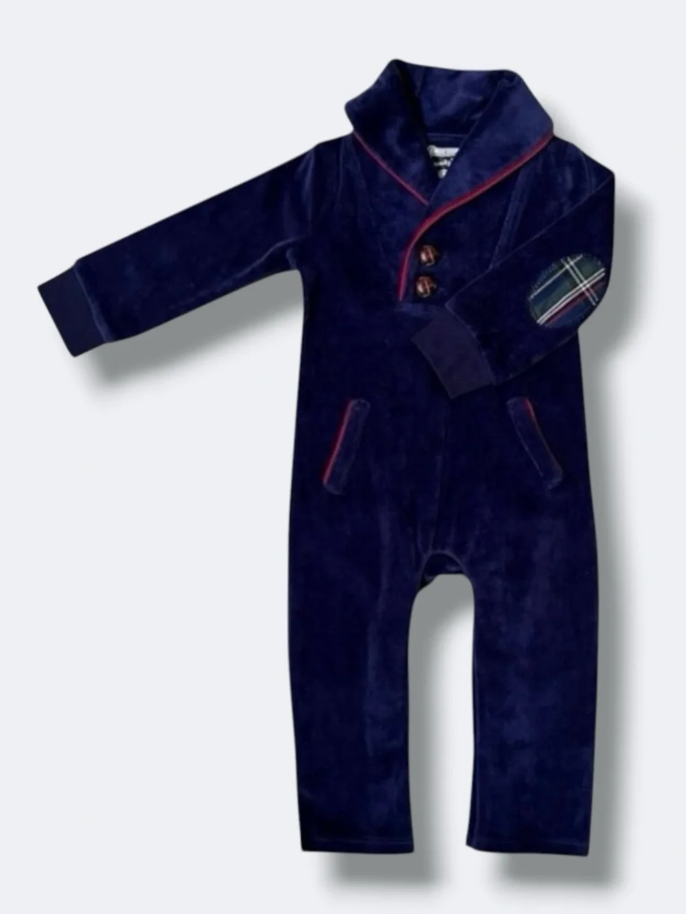 Mud Pie One Piece Baby Boys 6-9M Navy Velour Romper Plaid Patch Shawl Collar New